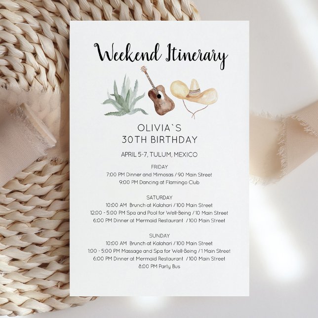 Lámina Invitación de itinerario de cumpleaños de fin de s (Mexico Weekend Birthday Itinerary Invitation)