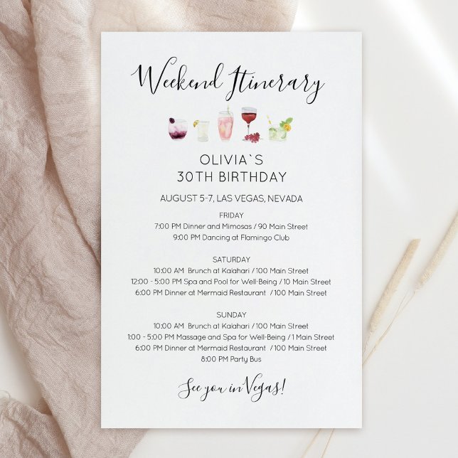 Lámina Invitación de itinerario de cumpleaños de fin de s (Modern Weekend Birthday Itinerary Invitation)