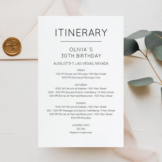 Lámina Invitación de Itinerario de Cumpleaños de Fin de S (Elegant Weekend Birthday Itinerary Invitation)