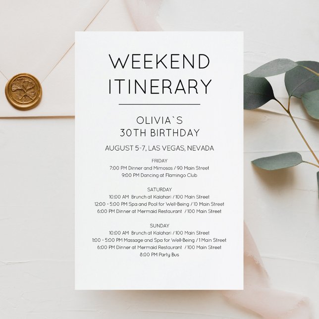 Lámina Invitación de Itinerario de Cumpleaños de Fin de S (Elegant Weekend Birthday Itinerary Invitation)