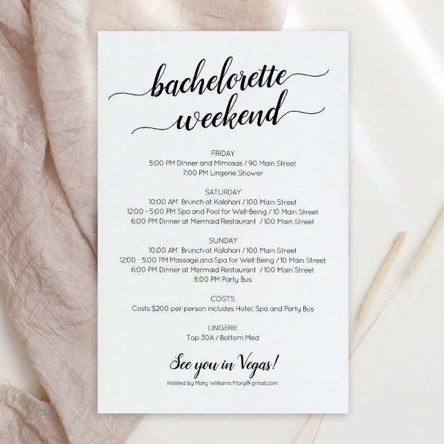 Lámina Invitación de Itinerario de Fin de Semana de Solte (Elegant Bachelorette Weekend Itinerary Invitation)