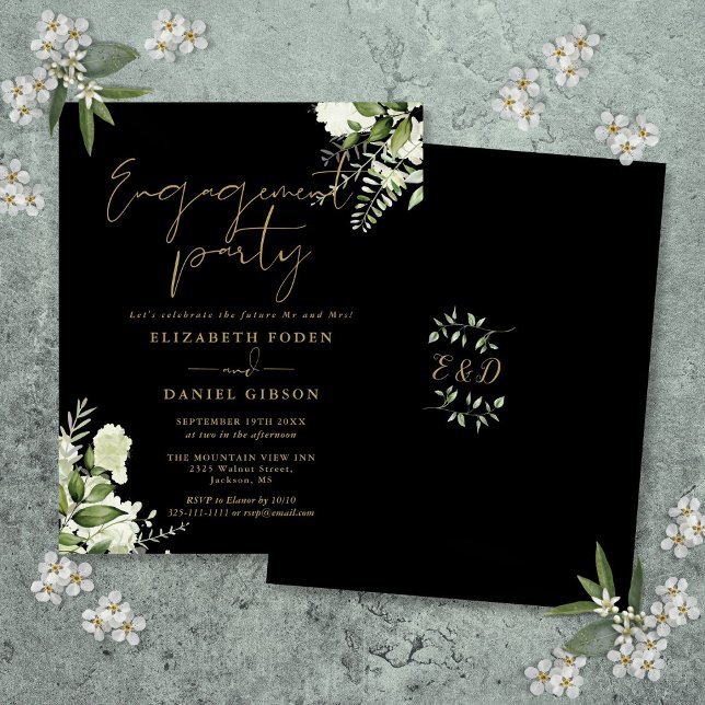 Lámina Invitación de la fiesta de compromiso negro con el (Budget Floral Gold Black Engagement Party Invite)