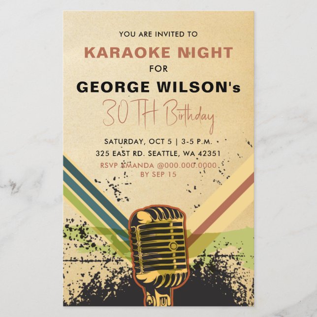 Lámina Invitación de la fiesta de karaoke del micrófono r (Anverso)