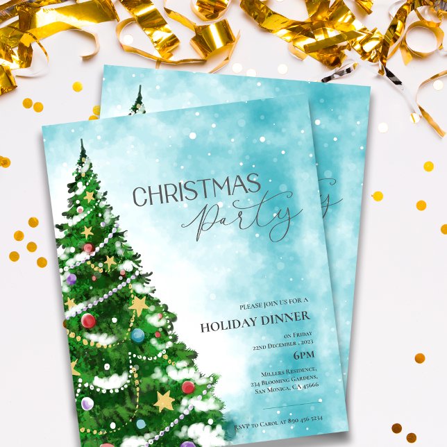 Lámina Invitación de la fiesta de los Navidades de los ár (Blue Watercolor Tree Christmas Party Invitation)