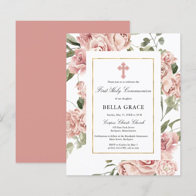Lámina Invitación de la Santa Comunión a la floral rosa d (Anverso / Reverso)