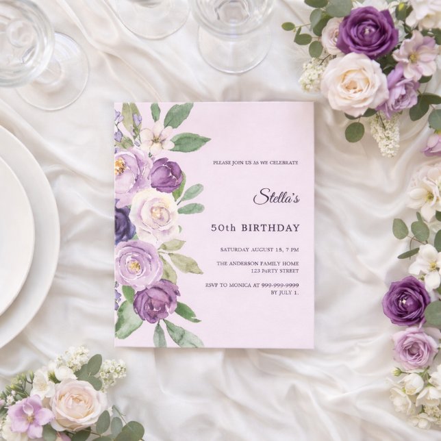 Lámina Invitación de lavanda floral rosa de cumpleaños (Subido por el creador)