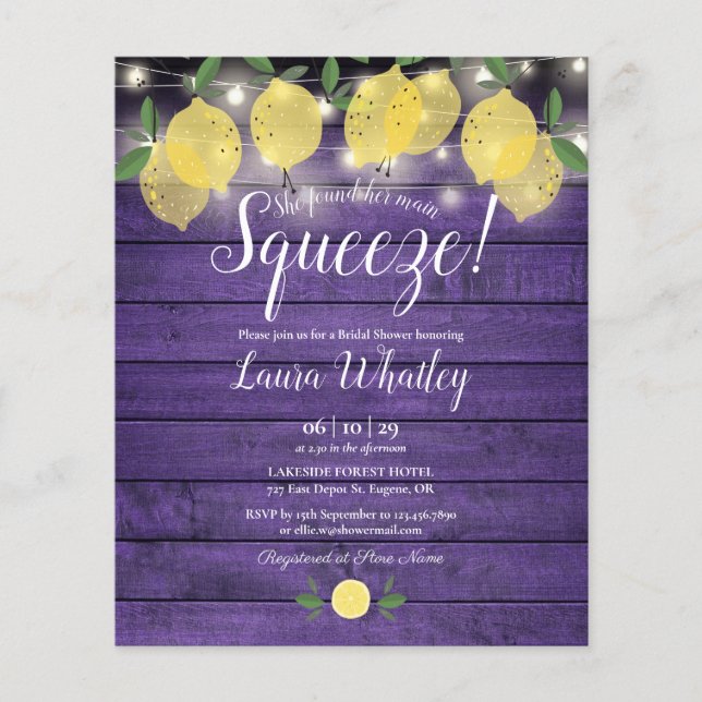 Lámina Invitación de limón exprimido morado para ducha de (Anverso)
