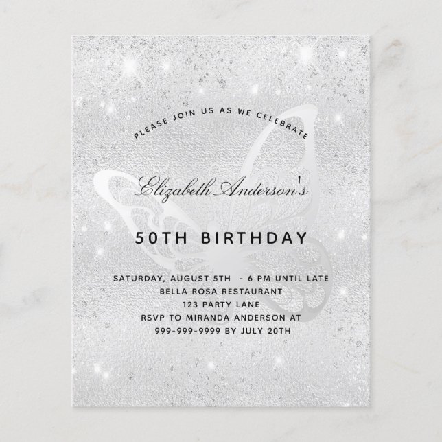 Lámina Invitación de mariposa de plata para cumpleaños de (Anverso)