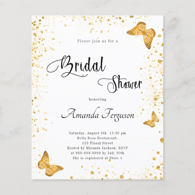 Lámina Invitación de mariposa dorada blanca con ducha de  (Anverso)