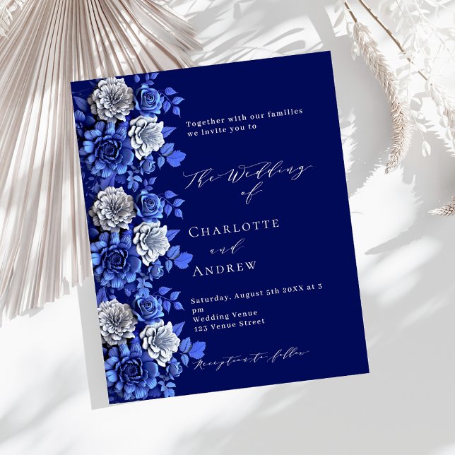 Lámina Invitación de matrimonio de flores de plata azul d (Subido por el creador)