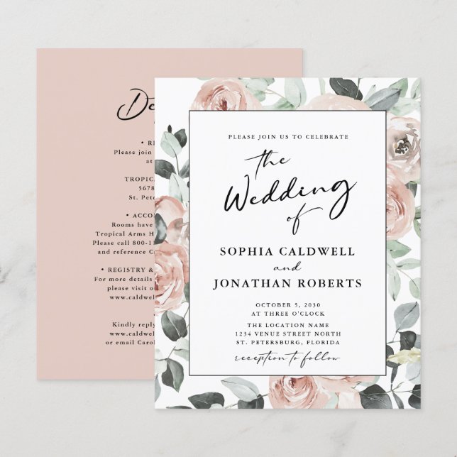 Lámina Invitación de matrimonio para Rosas de caligrafía  (Anverso / Reverso)