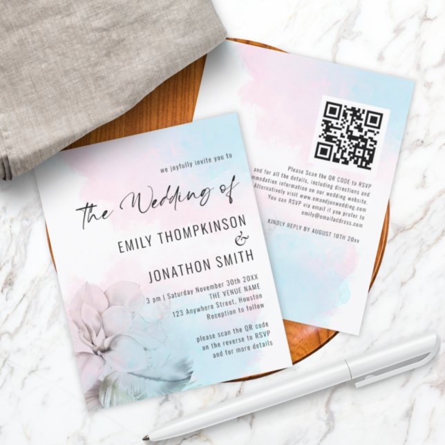 Lámina Invitación de matrimonio QR con lavado azul rosa f (Subido por el creador)