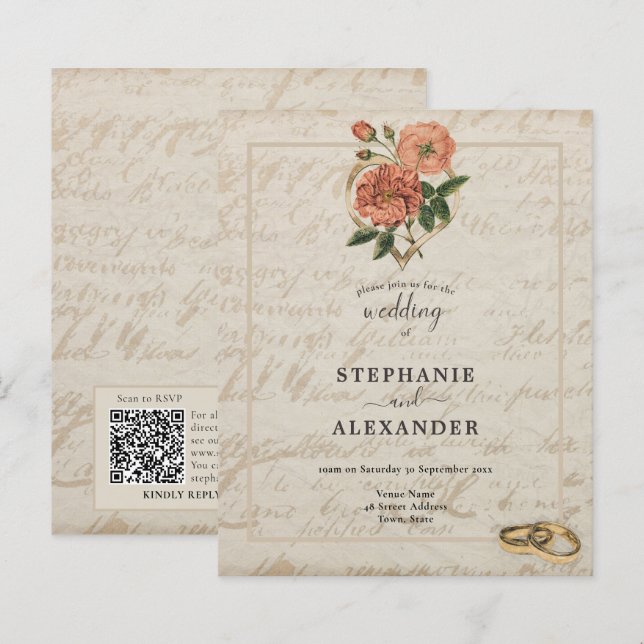 Lámina Invitación de matrimonio QR floral de Rosa cardíac (Anverso / Reverso)