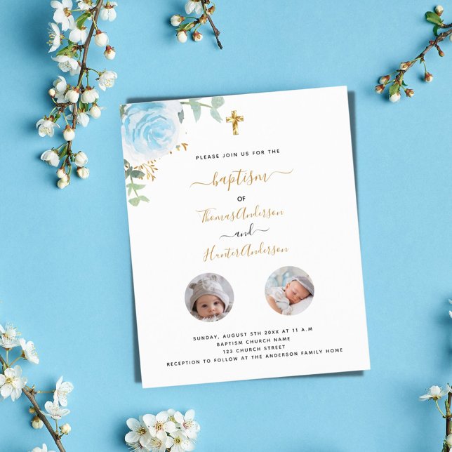 Lámina Invitación de niño con foto floral azul de gemelos (Subido por el creador)