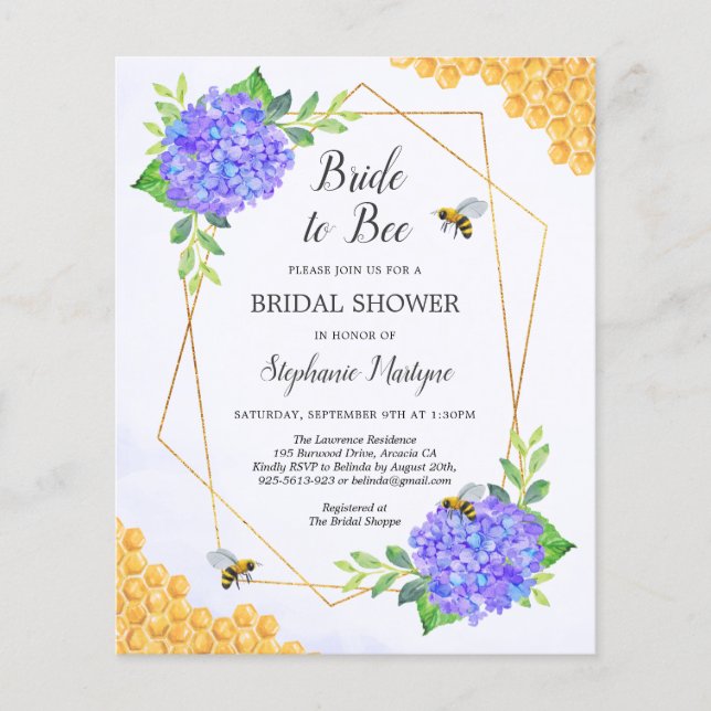 Lámina Invitación De Novia A Bee Purple Hydrangea Bridal  (Anverso)