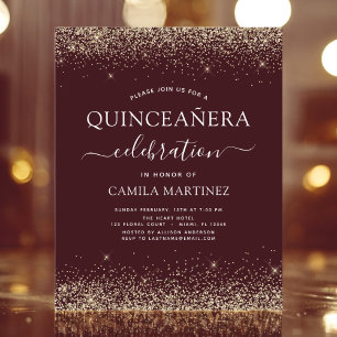 Lámina Invitación de oro a Quinceanera Borgoña