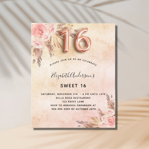 Lámina Invitación de oro a rosa de pasto de Sweet 16 pamp