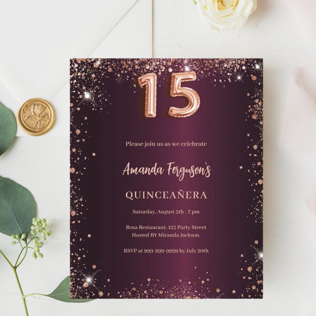 Lámina Invitación de oro a rosa de Quinceanera burgundy (Subido por el creador)