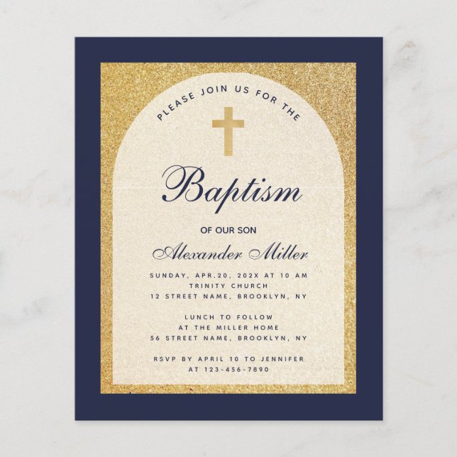 Lámina Invitación de oro azul de la Marina de Baptismo de (Anverso)