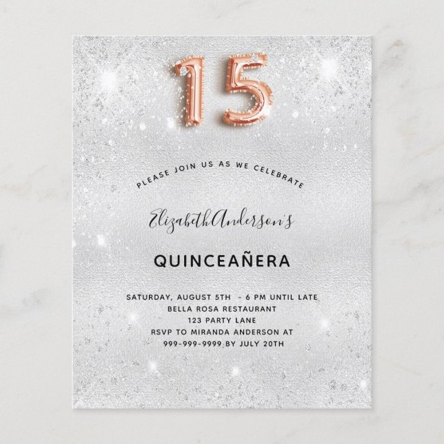Lámina Invitación de oro del rosa plateado Quinceanera (Anverso)