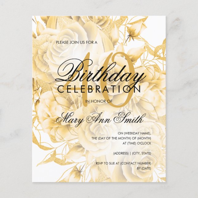 Lámina Invitación de oro floral de cumpleaños número 40 d (Anverso)