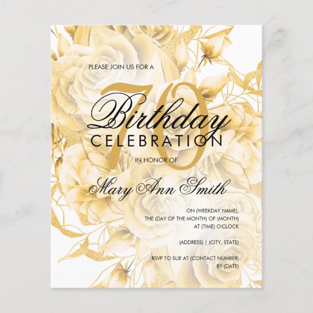 Lámina Invitación de oro floral de cumpleaños número 70 d (Anverso)