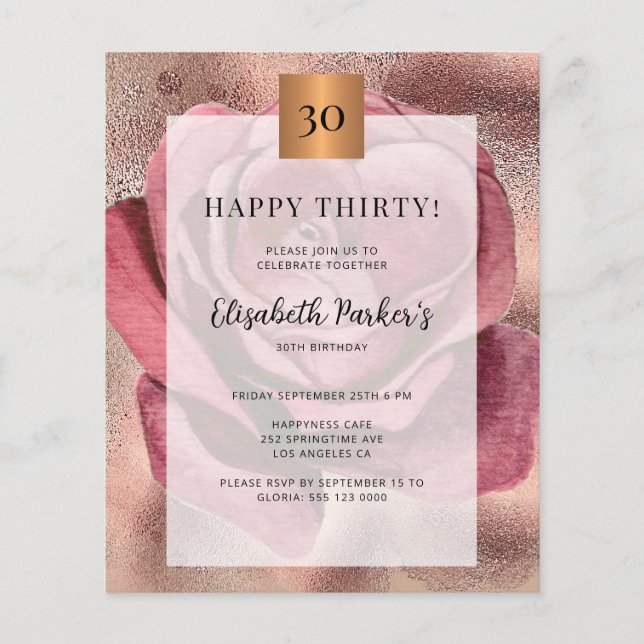 Lámina Invitación de oro para rosa de cumpleaños de presu (Anverso)