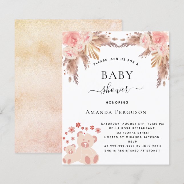 Lámina Invitación de oso de peluche con pampas para la du (Anverso / Reverso)