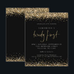 Lámina Invitación de partido Black 21st Purpurina de oro<br><div class="desc">Invitación de la 21ª fiesta del Purpurina de oro negro. Una alternativa económica para SMALLER de 4, 5" x 5, 6". Disponible en un ALMACENAMIENTO DE TARJETAS SEMI GLOSS 110 lb o en un SATIN FINISH DE PAPEL DELGADO DE 80 lb. Los sobres son un extra opcional. Los elegantes bordes...</div>