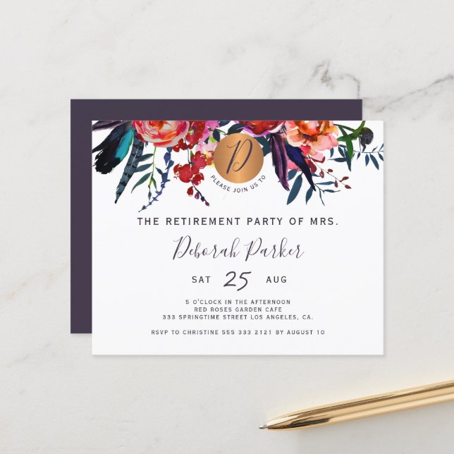 Lámina Invitación de partido de retiro floral y elegante  (Anverso/Reverso In Situ)
