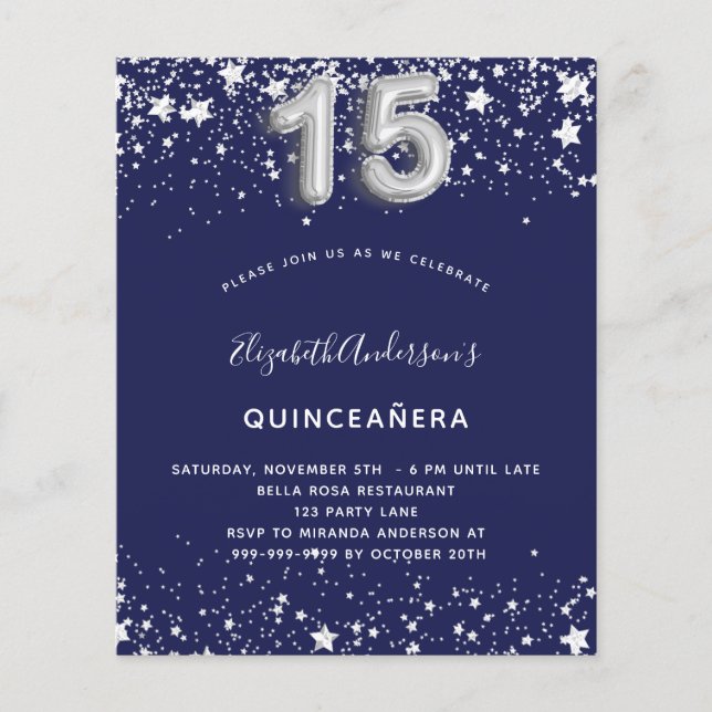 Lámina Invitación de plata azul marino Quinceanera (Anverso)
