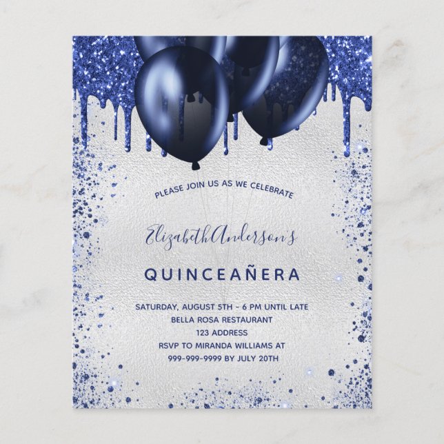 Lámina Invitación de plata azul marino Quinceanera (Anverso)