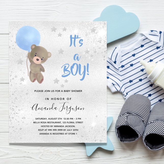 Lámina Invitación de plata azul para oso de peluche de Ba (Subido por el creador)
