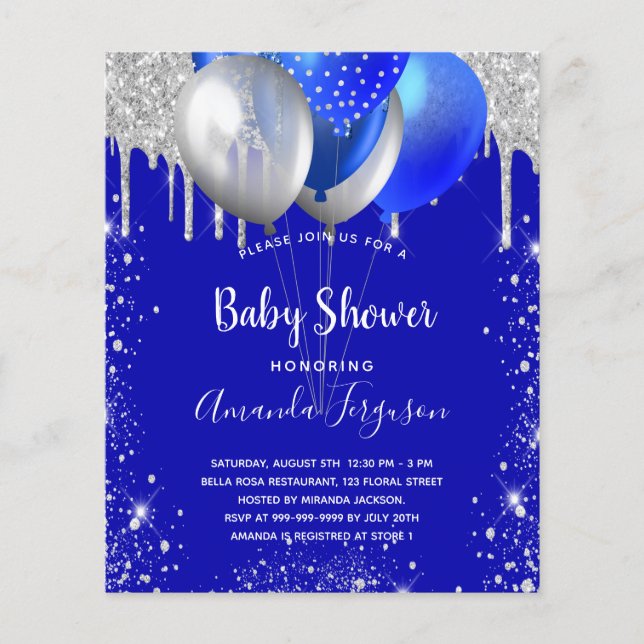 Lámina Invitación de plata azul real para la ducha de beb (Anverso)