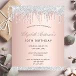 Lámina Invitación de plata de oro de rosa rubio de cumple<br><div class="desc">Una invitación moderna, elegante y glamurosa para una fiesta de cumpleaños número 50 (o cualquier edad) de una mujer. Un fondo subió de gradiente dorado con dorado subió, goteo de purpurinas de color amarillo y falso plateado, aspecto de goteo de pintura. Personalice y agregue un nombre y detalles del fiesta....</div>