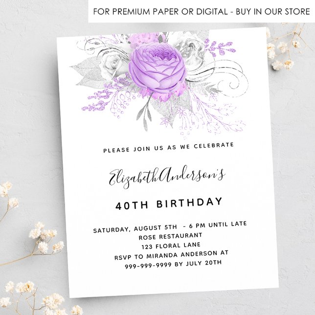 Lámina Invitación de plata floral púrpura de cumpleaños (Subido por el creador)
