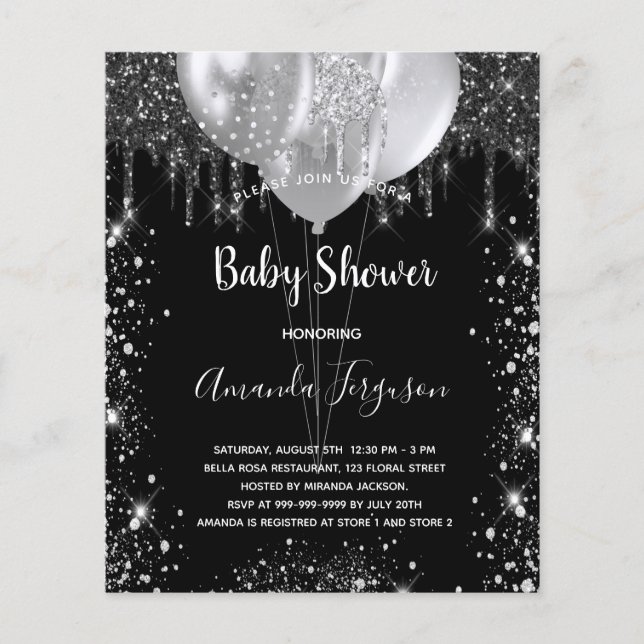 Lámina Invitación de plata negra de Baby Shower para pres (Anverso)