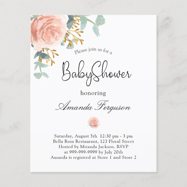 Lámina Invitación de presupuesto de baby shower floral eu (Anverso)