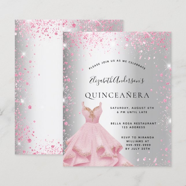 Lámina invitación de presupuesto de vestido rosa plateado (Anverso / Reverso)