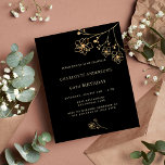 Lámina Invitación de presupuesto floral de oro negro de c<br><div class="desc">Una moderna,  elegante y minimalista invitación a la fiesta de cumpleaños. Fondo de color negro decorado con flores de oro falsas. Personalice y agregue su nombre y detalles del fiesta.</div>