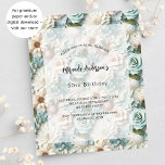 Lámina Invitación de presupuesto floral verde de cumpleañ<br><div class="desc">Flores verdes y blancas como fondo. Personalice y agregue un nombre y detalles del fiesta.</div>