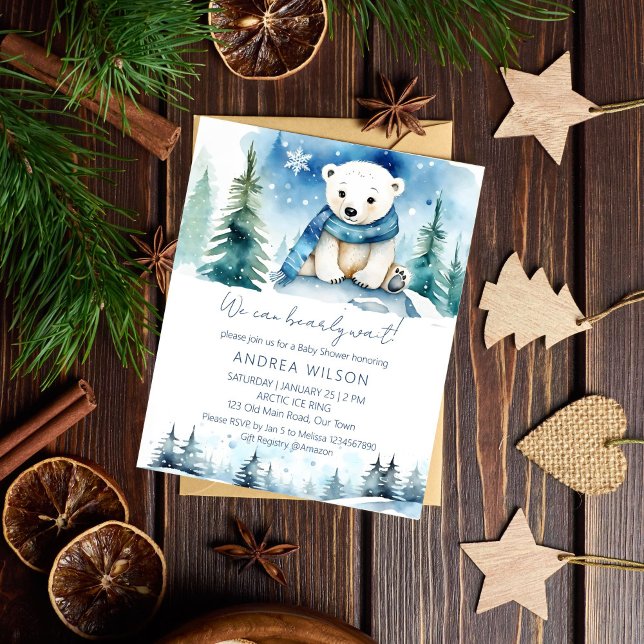 Lámina Invitación de presupuesto para la ducha de bebé de (Polar bear winter baby shower budget invitation cute white teddy bear with a scarf winter wonderland)
