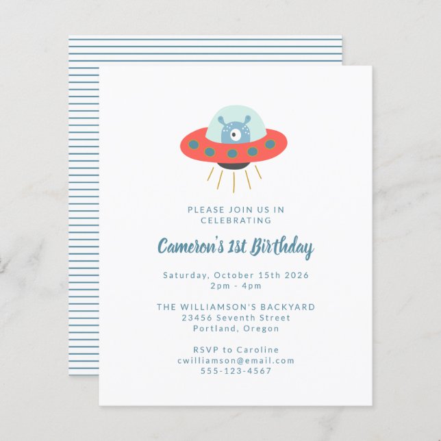 Lámina Invitación de primer cumpleaños a Budget Alien Spa (Anverso / Reverso)