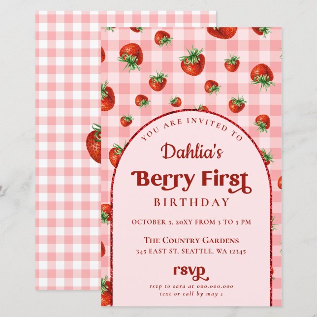 Lámina Invitación de primer cumpleaños a la fresa roja ro (Anverso / Reverso)