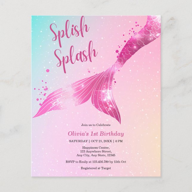 Lámina Invitación de primer cumpleaños a la sirena de la  (Anverso)