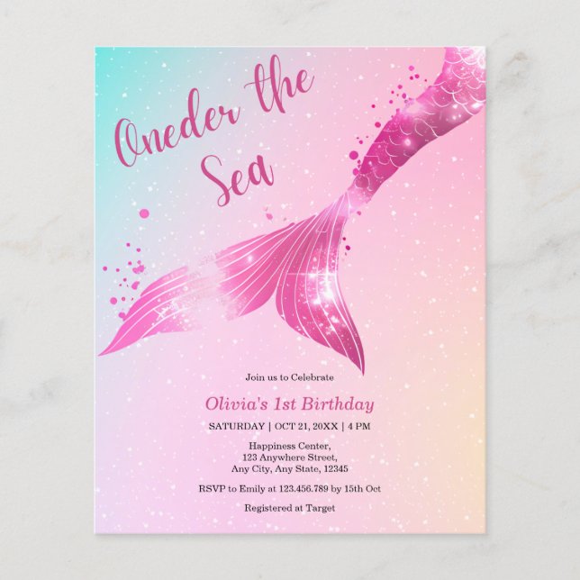 Lámina Invitación de primer cumpleaños a la sirena marina (Anverso)