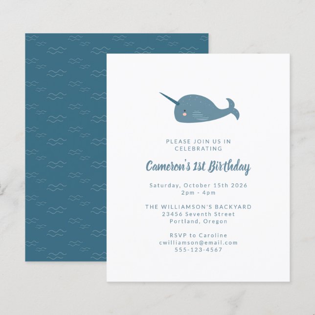 Lámina Invitación de primer cumpleaños de Budget Narwhal  (Anverso / Reverso)