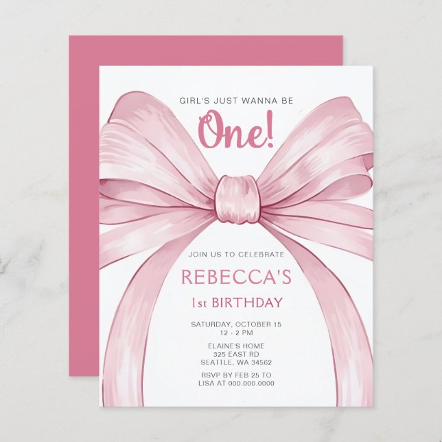 Lámina Invitación de primer cumpleaños de Budget Pink Bow (Anverso / Reverso)