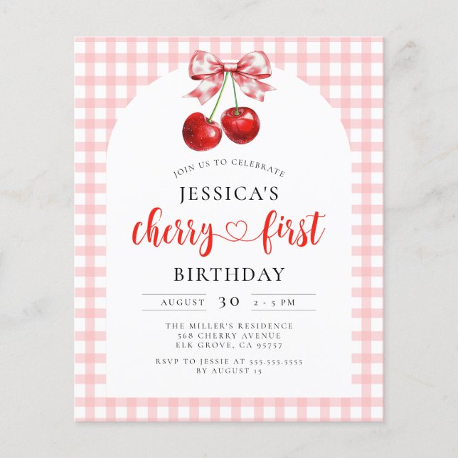 Lámina Invitación de primer cumpleaños de Coquette Cherry (Anverso)