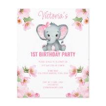 Invitación de primer cumpleaños de Elefante Floral